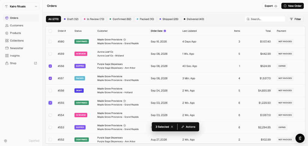 Superbud Hub orders for Kairos Rituals